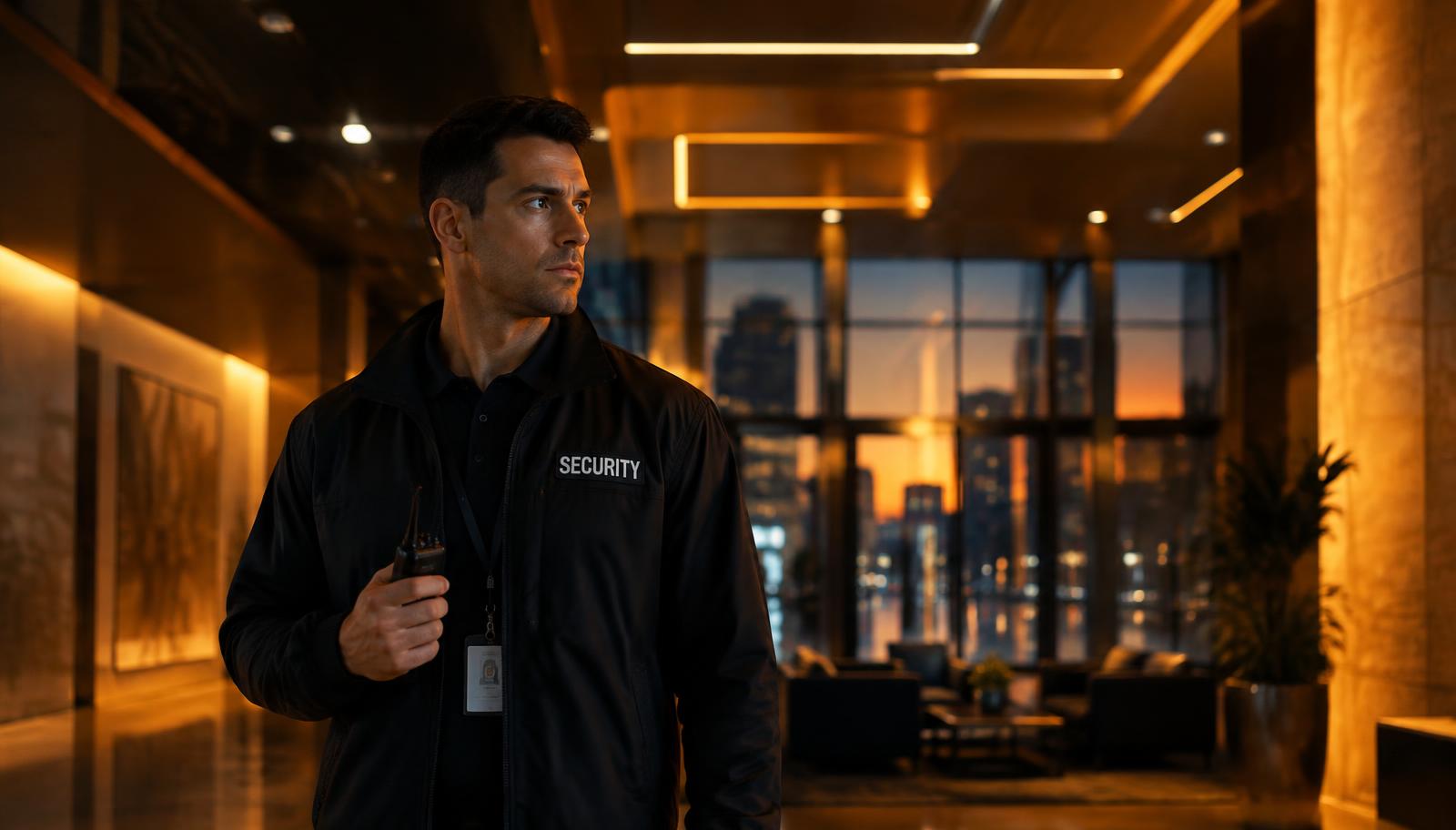 Security professional observing an office lobby